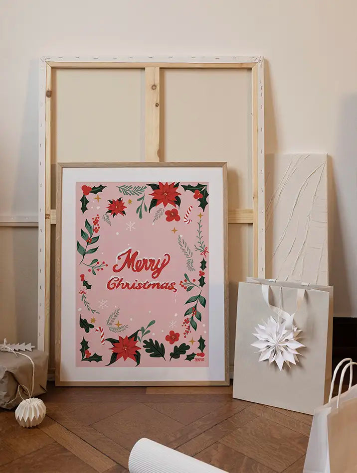 Poster de Noël festif avec des illustrations de feuillages, poinsettias et bonbons entourant le texte Merry Christmas, design coloré et élégant.