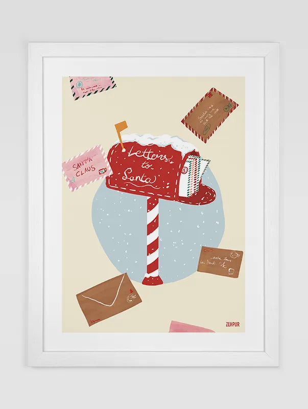 Affiche de Noël avec une boîte aux lettres rouge décorée, remplie de lettres pour le Père Noël, sur fond beige avec des flocons de neige.