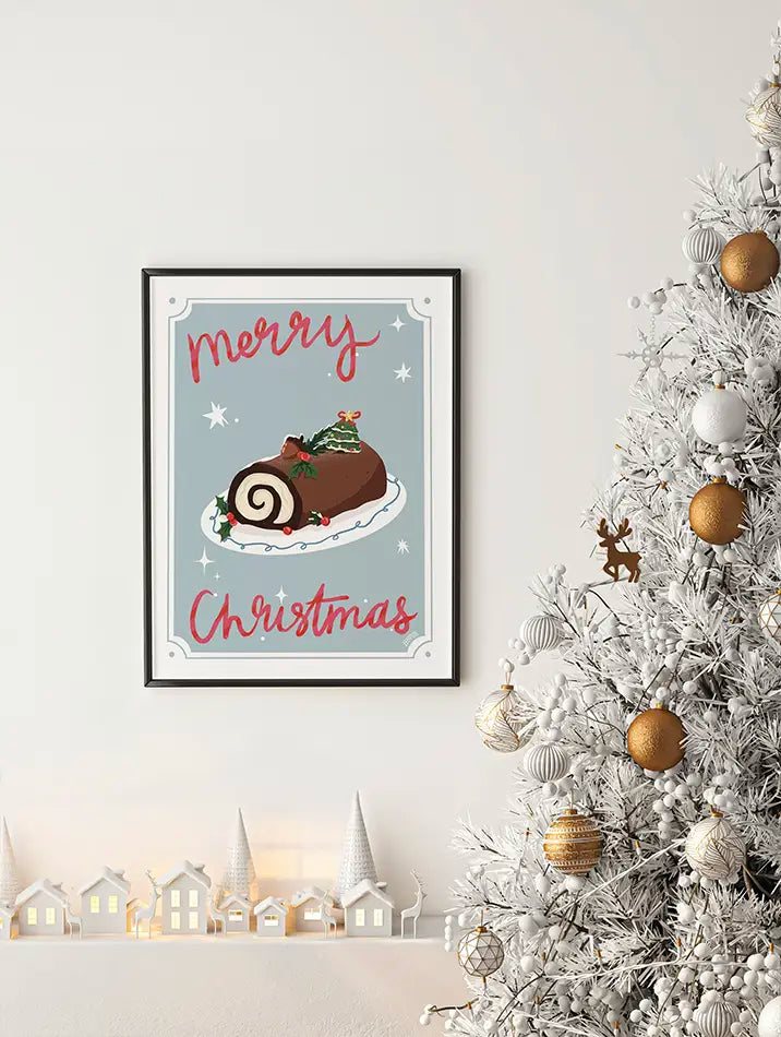 Cette affiche festive met en scène une bûche de Noël gourmande, décorée de houx et d’un petit sapin, accompagnée du message "Merry Christmas" en lettres rouges élégantes. Avec ses couleurs douces et ses détails festifs, elle est idéale pour apporter une touche joyeuse et gourmande à votre intérieur pendant les fêtes.