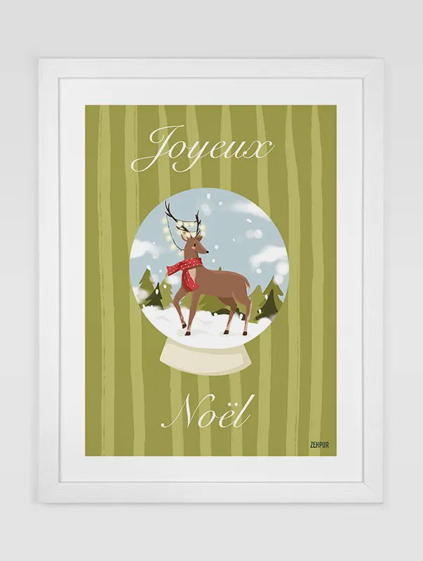 Affiche de Noël avec un cerf dans une boule à neige, fond vert avec texte Joyeux Noël, design festif et élégant.