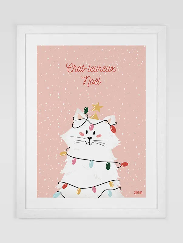 Affiche festive avec un chat blanc entouré de guirlandes lumineuses, sur fond rose avec le texte Chat-leureux Noël.