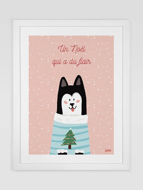 Affiche festive avec un chien husky vêtu d'un pull de Noël bleu orné d'un sapin, sur fond rose avec le texte Un Noël qui a du flair.