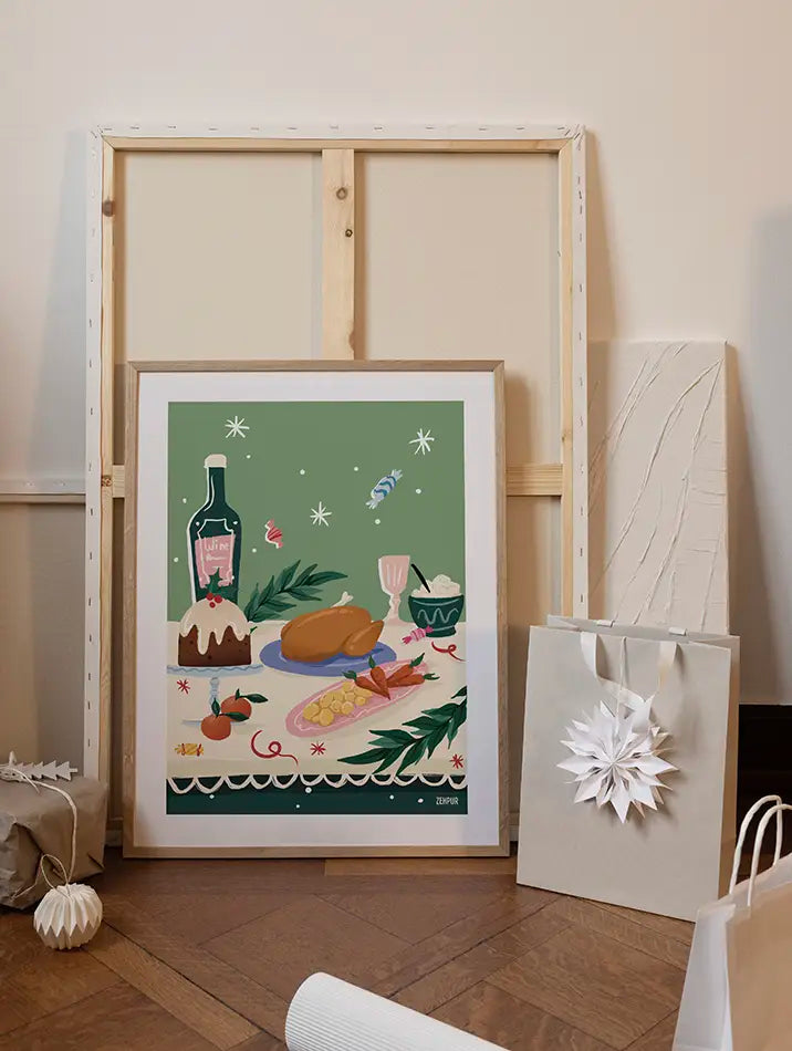 Poster d'un repas de Noël avec des mets traditionnels, une bouteille de vin et des décorations festives, idéale pour une ambiance chaleureuse pendant les fêtes.