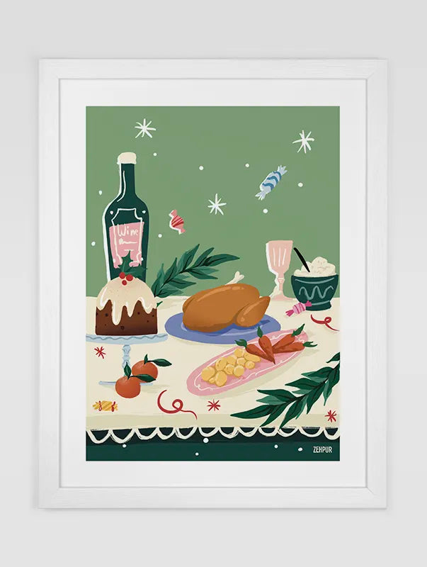 Affiche festive illustrant un repas de Noël avec une table dressée, des plats gourmands comme une dinde et un panettone, sur un fond vert.