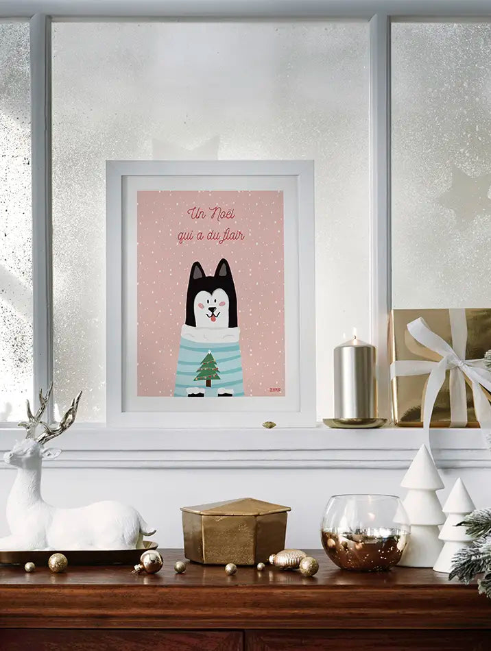 Poster de Noël avec un husky mignon en pull de Noël, entouré de flocons sur fond rose, avec un message humoristique.