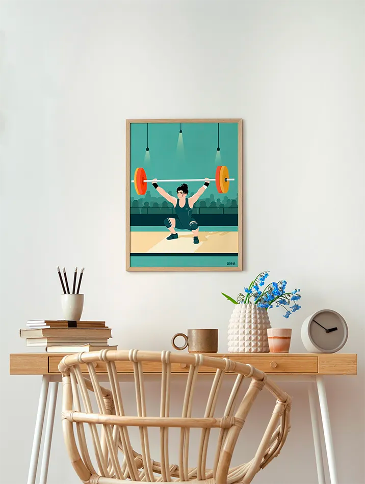 Illustration Haltérophilie : une représentation subtile du sport olympique avec des lignes minimalistes et un contraste saisissant. Que ce soit pour un bureau ou un espace de vie, cette pièce captivante ajoutera une touche dynamique et sophistiquée à votre décoration murale.