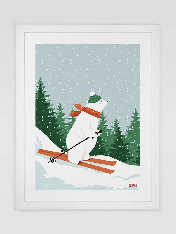 Affiche festive avec un ours polaire en ski, portant une écharpe rouge et un bonnet vert, descendant une montagne enneigée. Le tableau parfait pour les fêtes de Noël !