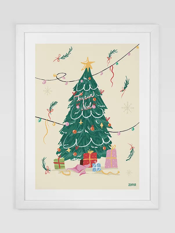 Affiche festive avec un sapin de Noël décoré, entouré de guirlandes et de cadeaux, texte Joyeux Noël sur fond beige.