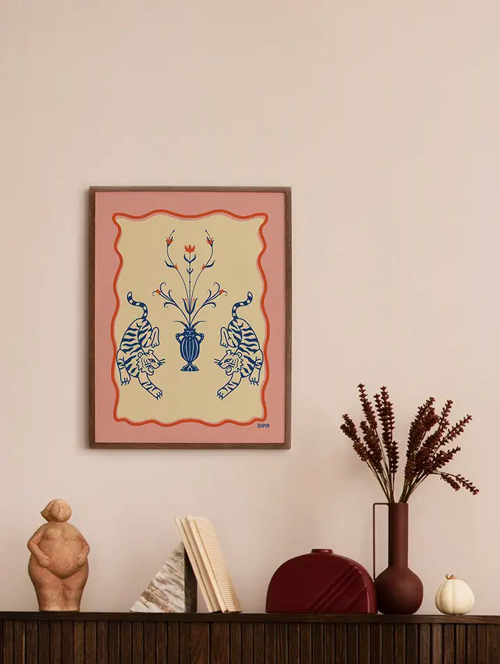 Poster décoratif de tigres et motif floral, parfait pour une décoration murale exotique et artistique