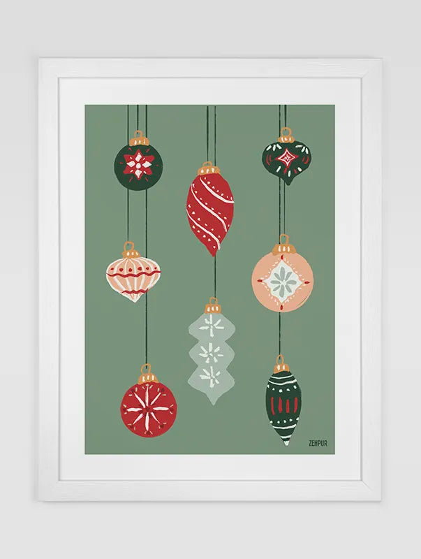 Affiche de boules de Noël suspendues sur un fond vert doux, avec des motifs géométriques et des couleurs festives, tableau dessiné par Blanca Flor.
