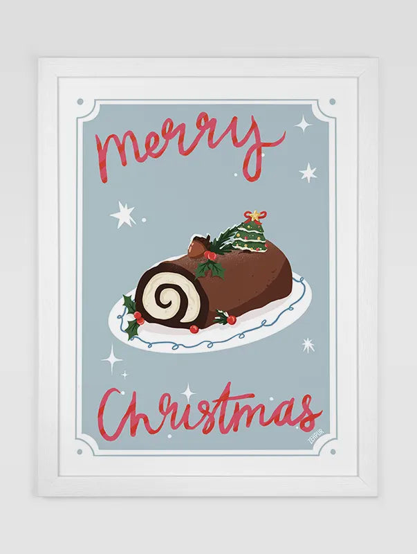 L'affiche bûche de Noël, représentée ici, illustre le dessert emblématique des fêtes de fin d'année avec un design festif et gourmand. Le centre de l'affiche met en scène une délicieuse bûche de Noël, enroulée et garnie d'une couche de chocolat, accompagnée de détails décoratifs comme des feuilles de houx, des petites baies rouges et un mini sapin orné d'un nœud festif.