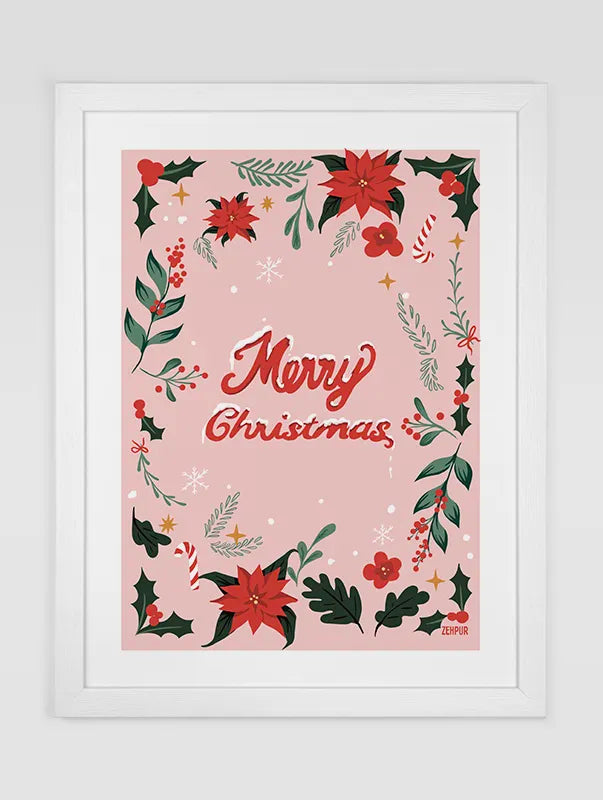 Affiche joyeux Noël avec des poinsettias rouges, des branches de houx et des baies, sur fond rose pastel avec texte Merry Christmas au centre.