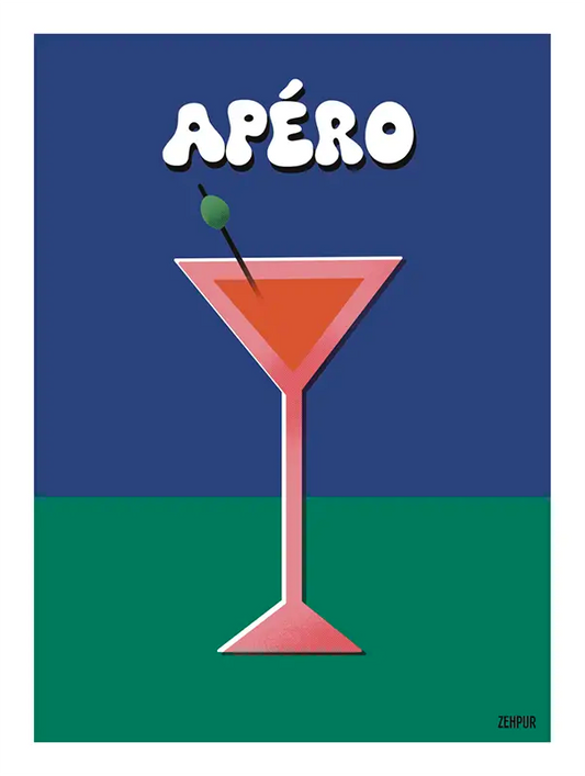 L'affiche "Apéro" incarne l'élégance avec ses tons verts, rouges, et bleu roi, capturant l'essence sophistiquée des soirées cocktail.