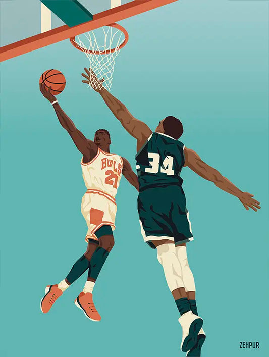 Le tableau de basket capture l'essence de la NBA avec deux joueurs, l'un des Chicago Bulls en rouge et l'autre en bleu, dans un duel intense sous les couleurs vives du sport.