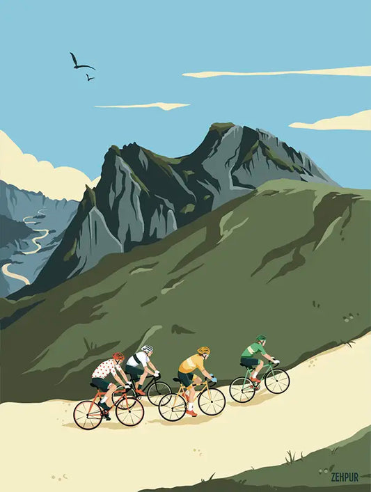 Le tableau "Cyclisme" rend hommage aux légendaires grimpeurs et sprinteurs des grandes étapes, avec un design vintage et des couleurs vives, parfait pour une déco sportive ou rétro.