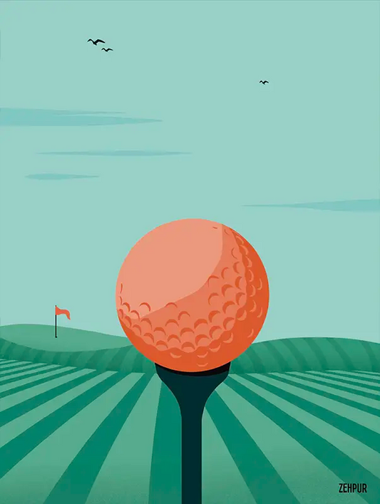 Affiche Golf : cette affiche au style minimaliste et épuré met en scène une balle de golf rouge vibrant, créant un contraste audacieux et moderne. L'utilisation de lignes simples et de couleurs marquantes confère à cette création une élégance contemporaine, parfaite pour apporter une touche visuelle dynamique à tout espace de votre intérieur.