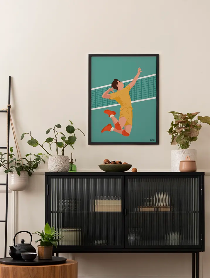 Affiche moderne de joueur de volley en action, décorée dans un intérieur élégant avec un buffet noir, des plantes et une décoration minimaliste. Idéal pour les amateurs de volleyball et de design contemporain.