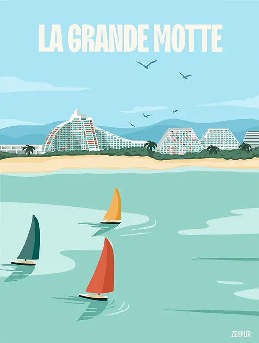 Affiche La Grande Motte : une invitation à l'évasion, parfaite pour enrichir votre décoration avec une touche méditerranéenne,  avec ses voiliers dansant sur la Méditerranée.  Ce poster lumineux et élégant apportera un souffle de voyage à votre intérieur.