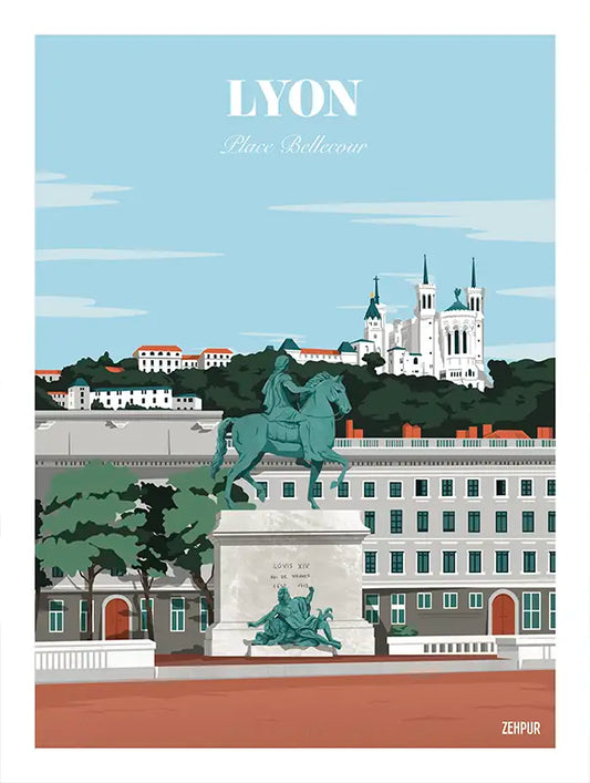 Affiche Lyon - Place Bellecour : cette illustration élégante capture la majesté de la statue équestre de Louis XIV et la silhouette iconique de la basilique de Fourvière. Avec ses teintes douces et harmonieuses, elle s'intègre parfaitement dans une décoration chic et urbaine.