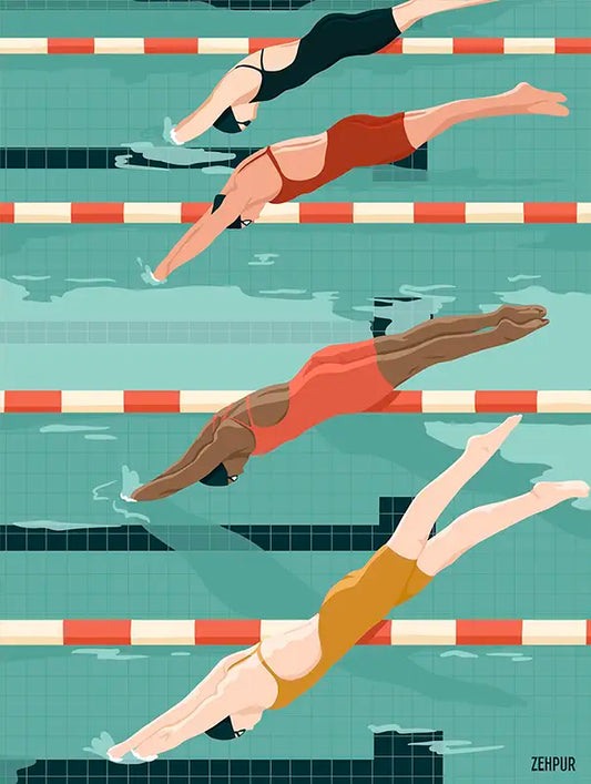 Affiche Natation - Jeux Olympiques : une représentation saisissante du moment où les nageuses plongent dans le bassin, prêtes à affronter la compétition. Avec ses couleurs vibrantes, cette affiche incarne l'endurance et l'excellence sportive, idéale pour tout passionné de natation.