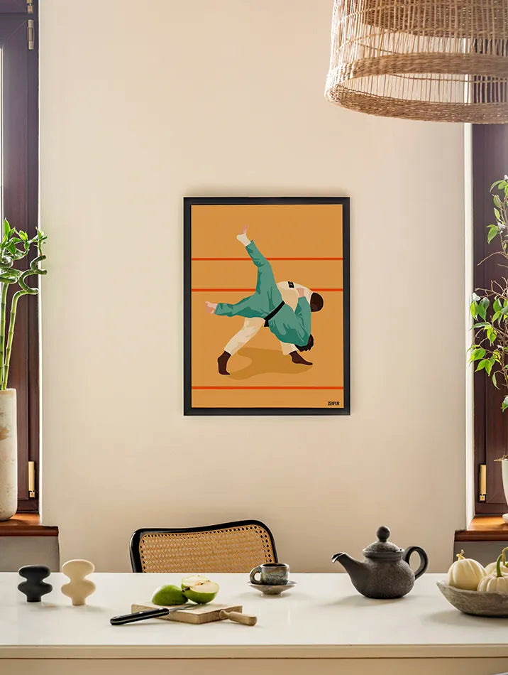 Affiche de judo Harai Goshi, décoration murale dans un intérieur moderne, illustration sportive pour les passionnés de judo.