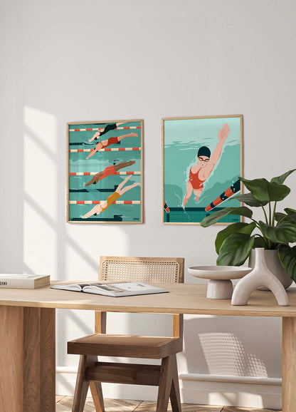 Affiche minimaliste de natation pour Paris 2024, montrant des nageurs en plongeon synchronisé, évoquant la compétition et l'esprit d'équipe dans une piscine olympique.