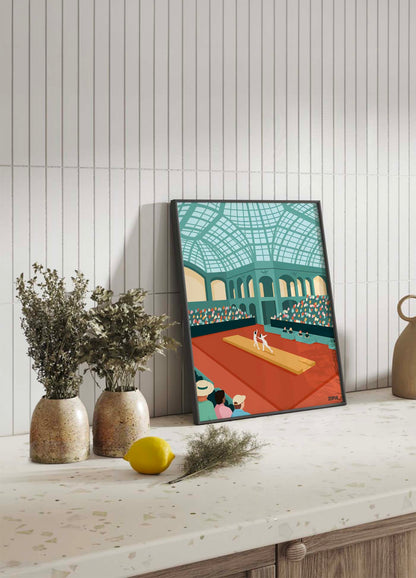 Affiche murale pour les événements d'escrime à Paris 2024, présentant deux escrimeurs en compétition sur une piste d'escrime, avec une foule en arrière-plan sous la structure de toit en verre du Grand Palais. Le design stylisé met en avant les couleurs vibrantes et la dynamique du sport.