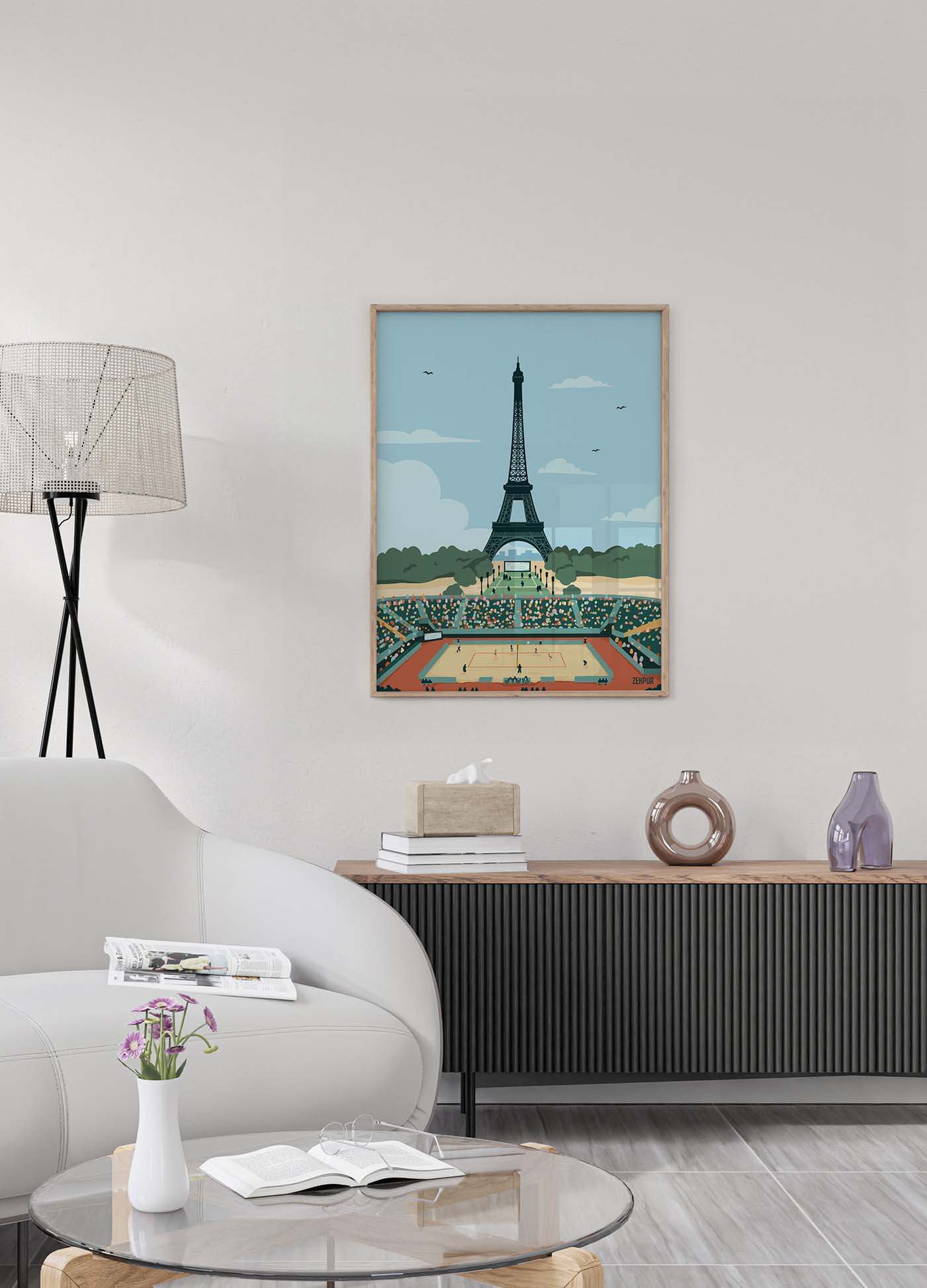 Affiche de volley-ball pour Paris 2024 avec une illustration de la Tour Eiffel surplombant un match de volley-ball, dans un style graphique moderne