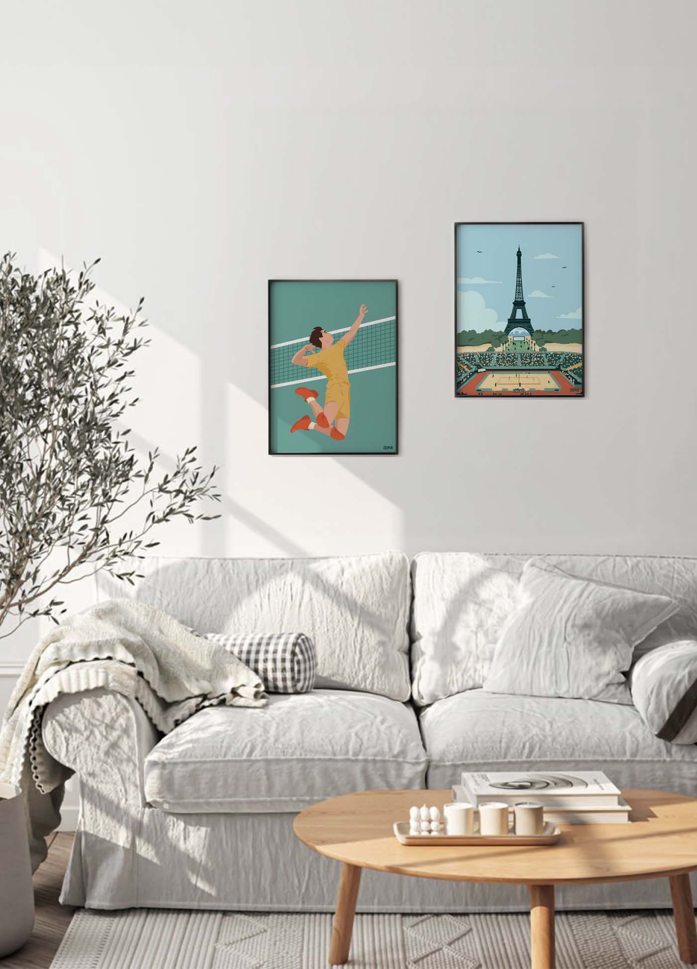Affiche de volley-ball pour Paris 2024 avec une illustration de la Tour Eiffel surplombant un match de volley-ball, dans un style graphique moderne
