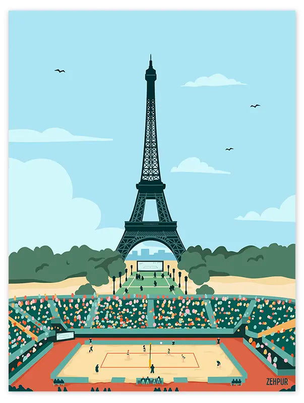 Affiche illustrant un tournoi de beach volley avec vue sur la Tour Eiffel à Paris, idéale pour une décoration sportive et moderne. Poster parfait pour les passionnés de volleyball et de design mural contemporain.