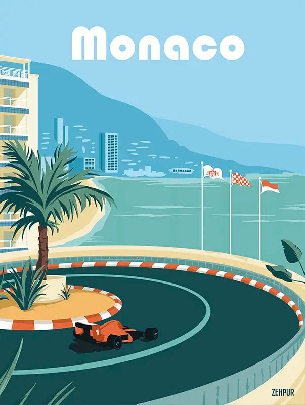 Poster F1 Monaco : une célébration visuelle du circuit légendaire de Monaco, avec la mer bleue et le ciel limpide en arrière-plan. Idéale pour créer une ambiance dynamique et élégante dans votre décoration d'intérieur.