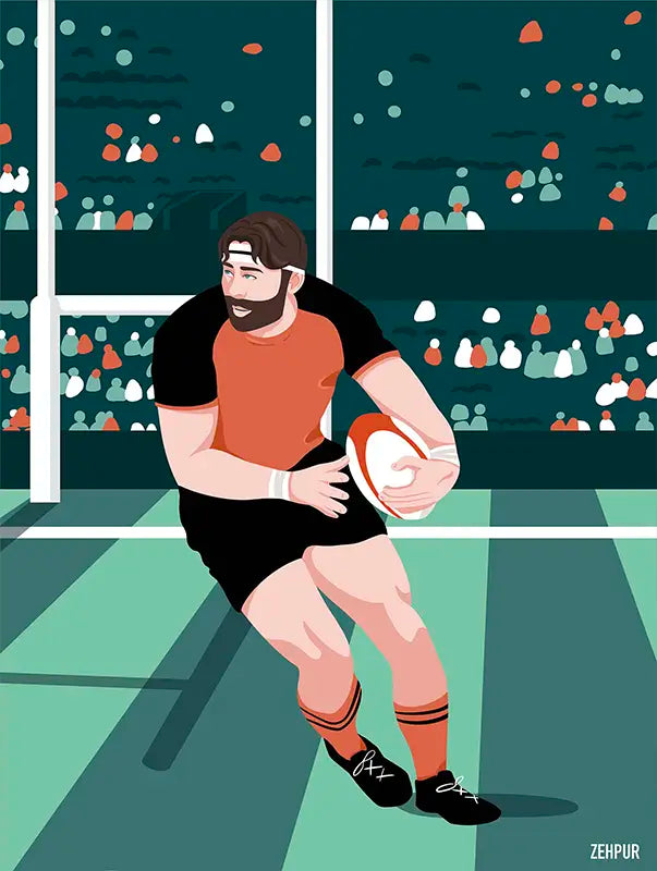 L'affiche rugby "La Charge" de la collection Zehpur capture un joueur de rugby en action prêt à une passe décisive, incarnant toute l'intensité et la passion du sport.