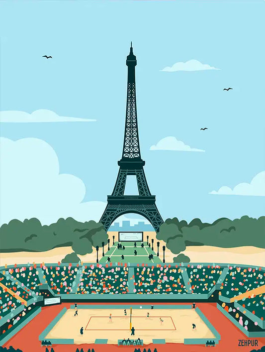 Affiche illustrant un tournoi de beach volley avec vue sur la Tour Eiffel à Paris, idéale pour une décoration sportive et moderne. Poster parfait pour les passionnés de volleyball et de design mural contemporain.