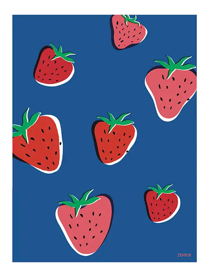 Affiche Fraises : une explosion de fraîcheur avec des fraises réalistes sur un fond bleu roi. Cette illustration colorée capture l'essence des jours ensoleillés et apporte une touche vivante et contemporaine à votre décoration.