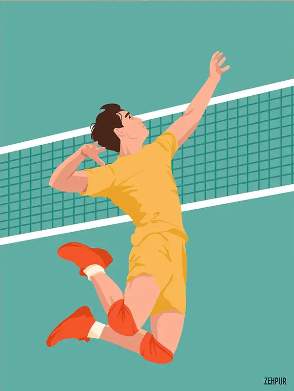 Affiche de joueur de volley en plein saut pour un smash, illustration sportive moderne, décoration murale pour les passionnés de volleyball.