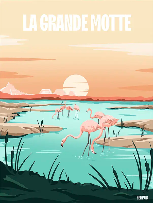 Le tableau "Les Flamants Roses" de Blanca Flor transporte instantanément en Camargue, capturant la sérénité et la chaleur de cette région à travers les teintes rose orangé des flamants