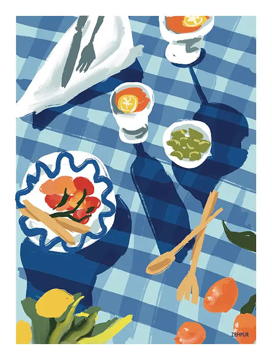 Affiche Pique-nique : un clin d'œil à l'élégance impressionniste, cette œuvre met en scène une nappe à carreaux graphique, sublimant les plaisirs culinaires avec un minimalisme poétique. Parfaite pour ajouter une touche raffinée à votre décoration.