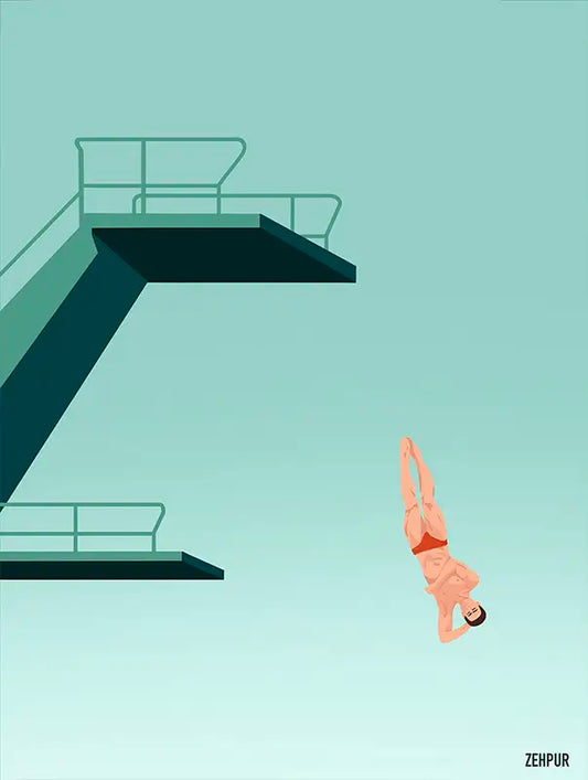 Affiche Plongeon : une illustration captivante qui met en lumière l'élégance et la puissance du plongeon, avec des détails subtils qui apportent une touche sportive et esthétique à tout intérieur.