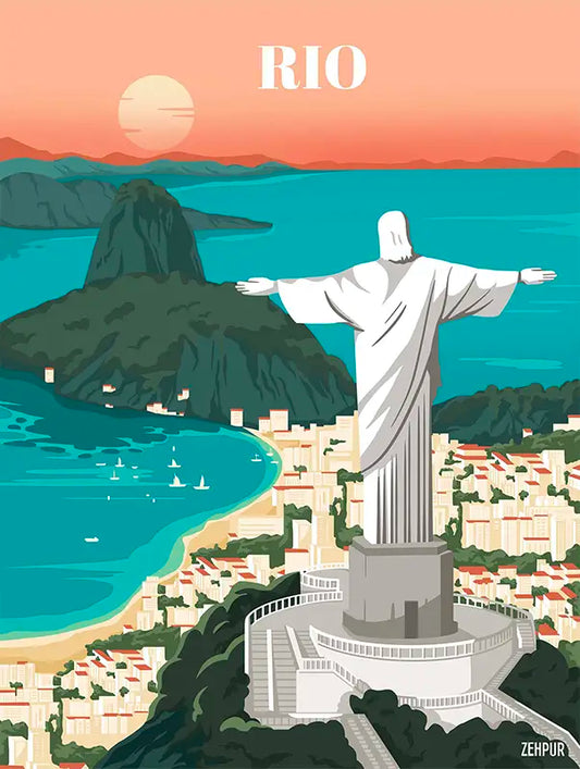 Affiche Rio : un hommage vibrant à Rio de Janeiro, ville hôte des Jeux Olympiques 2026. L’artiste capte la majesté de la statue du Christ Rédempteur avec un coucher de soleil aux tons orangés, offrant une scène spectaculaire qui célèbre l’esprit festif et sportif de la ville.